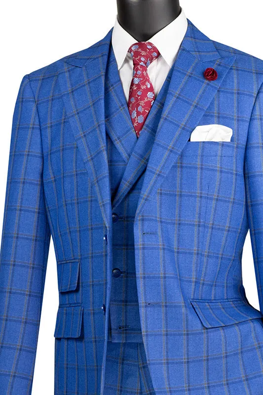 (48R) Modern Fit Windowpane Suit 3 Piece in Royal Blue