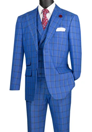 (48R) Modern Fit Windowpane Suit 3 Piece in Royal Blue