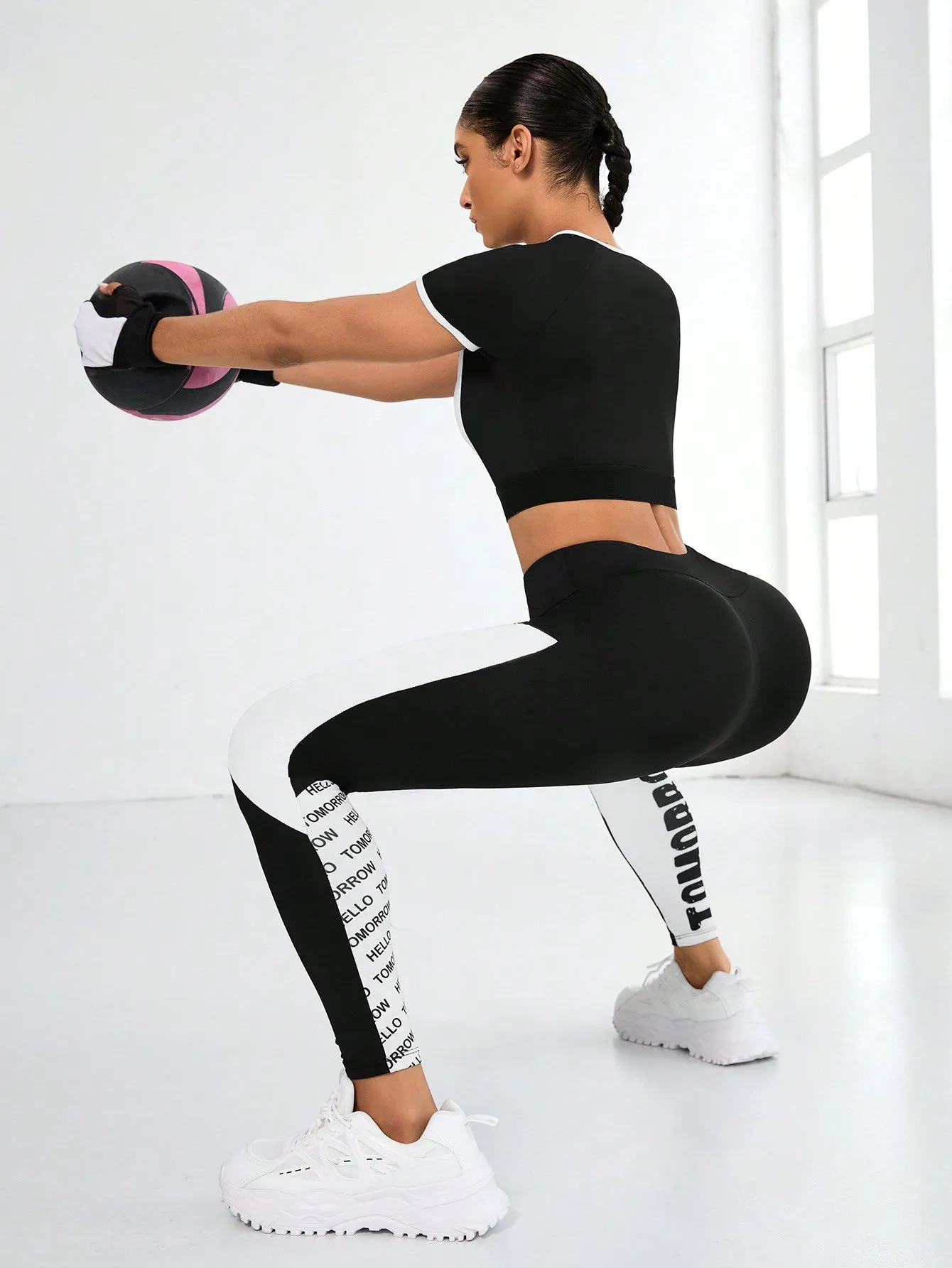Color Block Zipper Casual Short Sleeve Top And Leggings Active Set SS24- FD