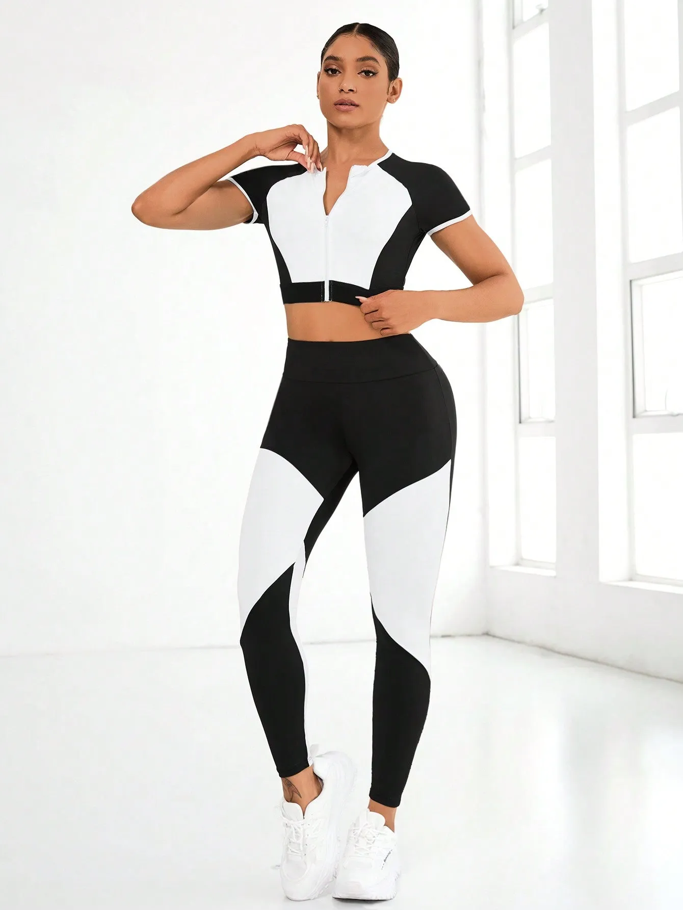 Color Block Zipper Casual Short Sleeve Top And Leggings Active Set SS24- FD