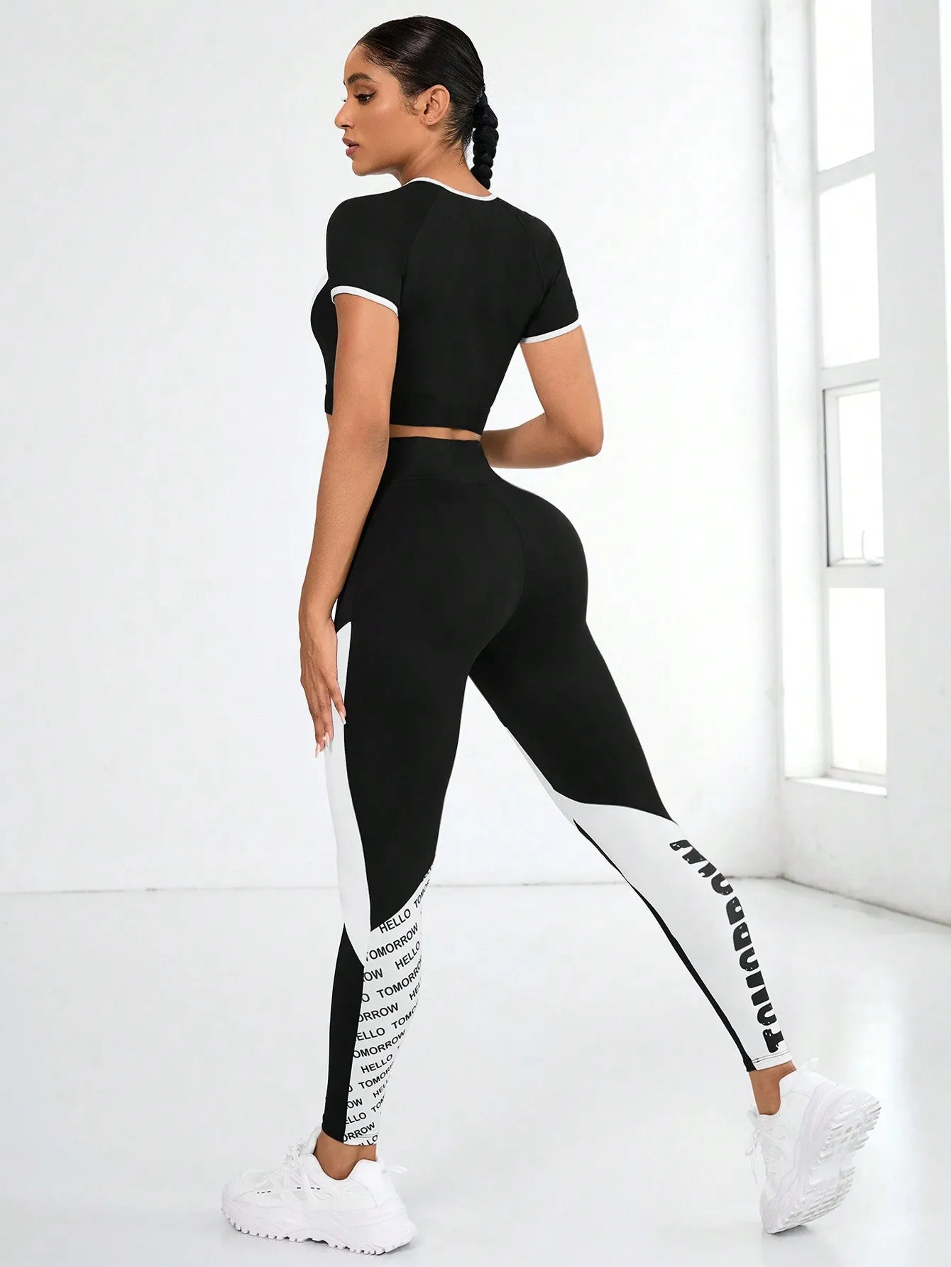 Color Block Zipper Casual Short Sleeve Top And Leggings Active Set SS24- FD