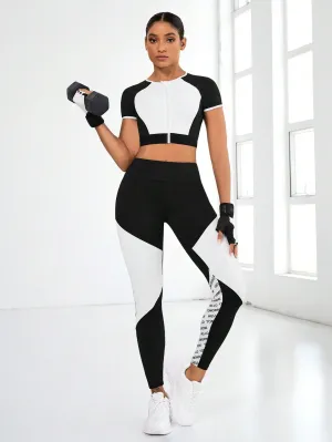 Color Block Zipper Casual Short Sleeve Top And Leggings Active Set SS24- FD