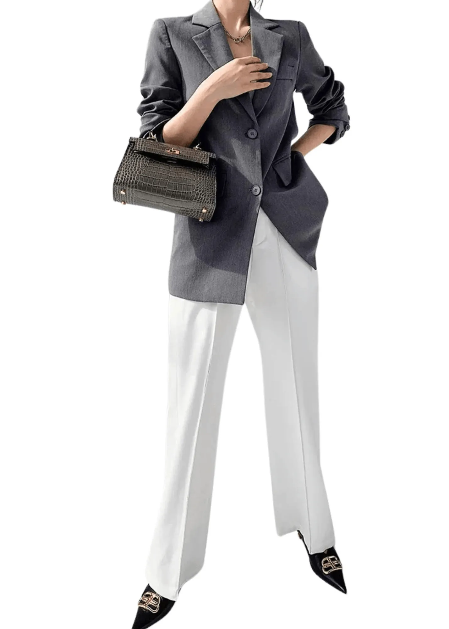 Designer Back Button Blazer For Women Grey Notched Long Sleeve Fashion Female Coat Spring New Clothing Women's