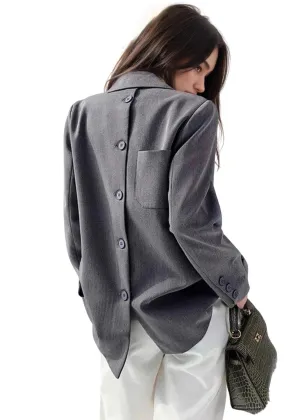 Designer Back Button Blazer For Women Grey Notched Long Sleeve Fashion Female Coat Spring New Clothing Women's