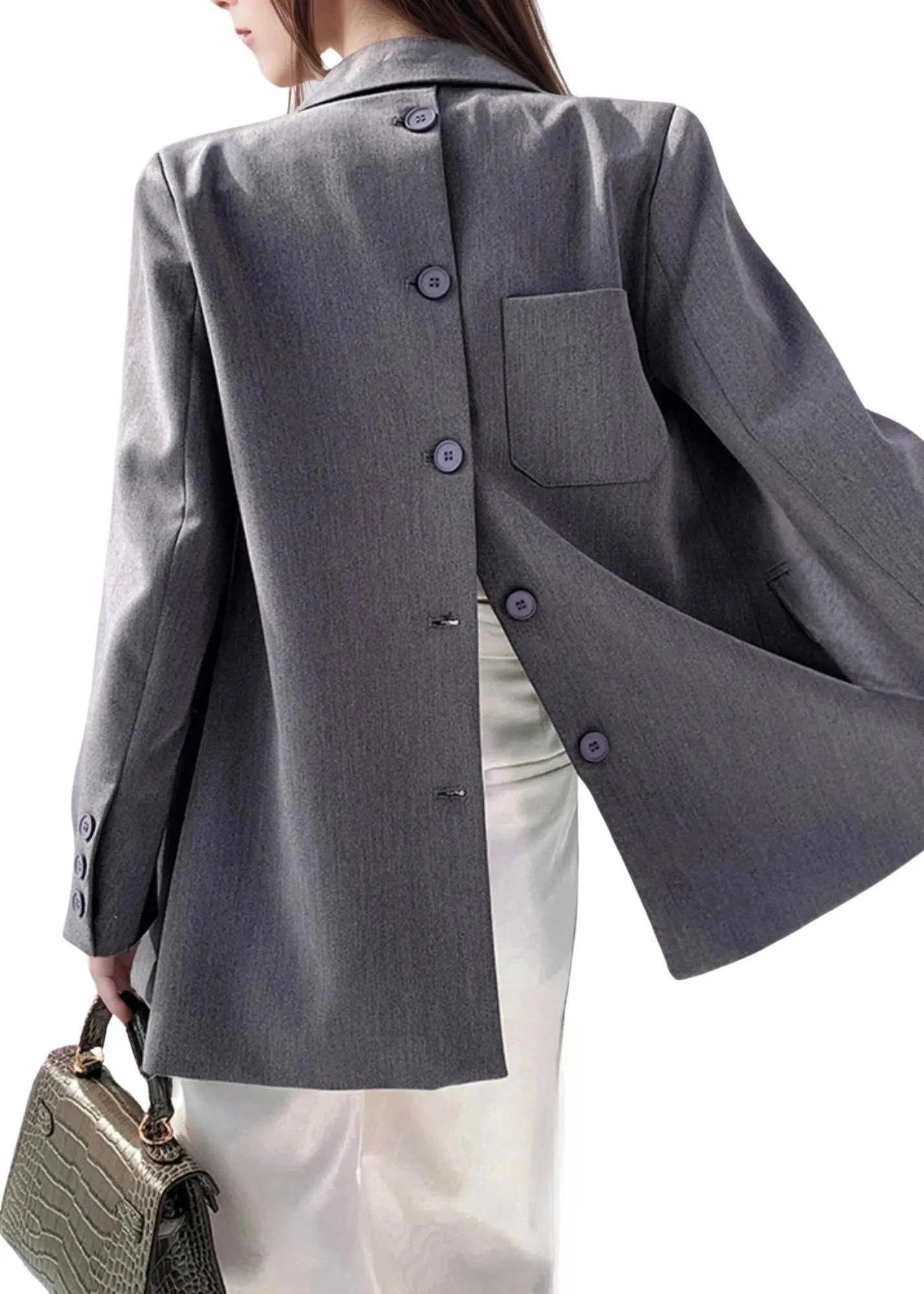 Designer Back Button Blazer For Women Grey Notched Long Sleeve Fashion Female Coat Spring New Clothing Women's