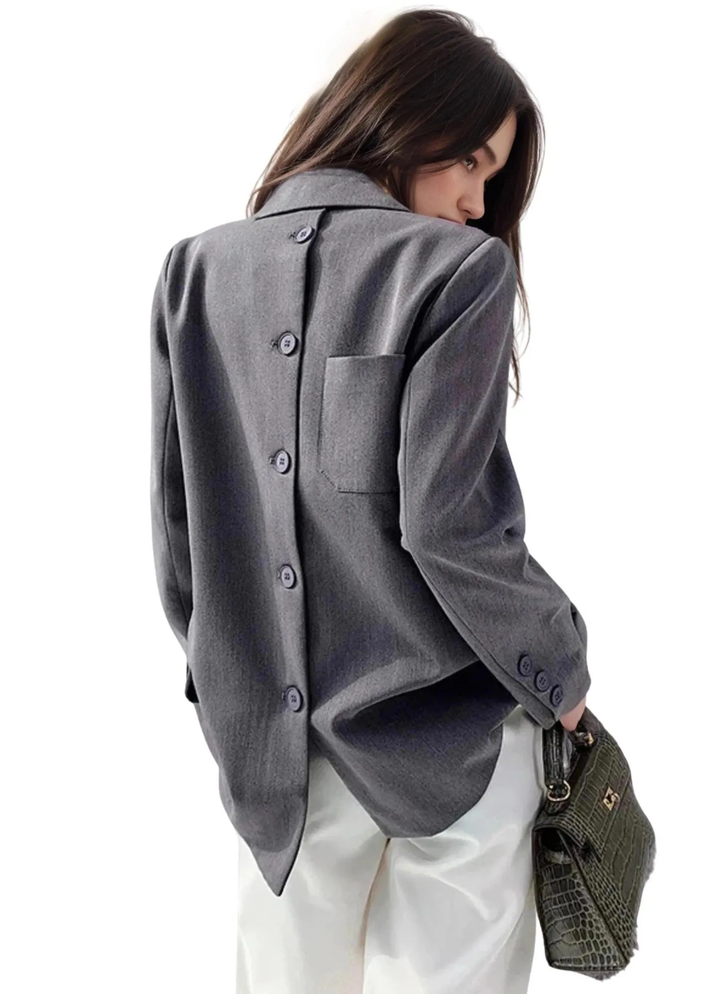 Designer Back Button Blazer For Women Grey Notched Long Sleeve Fashion Female Coat Spring New Clothing Women's