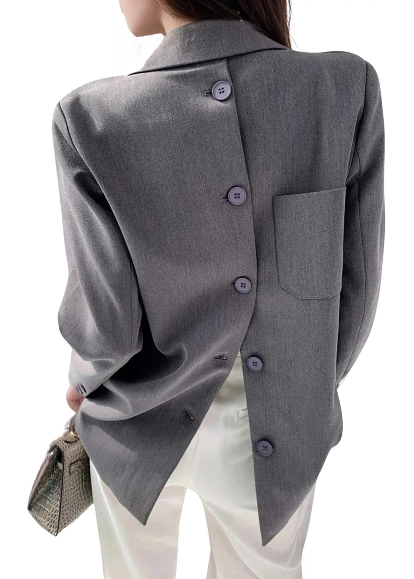 Designer Back Button Blazer For Women Grey Notched Long Sleeve Fashion Female Coat Spring New Clothing Women's