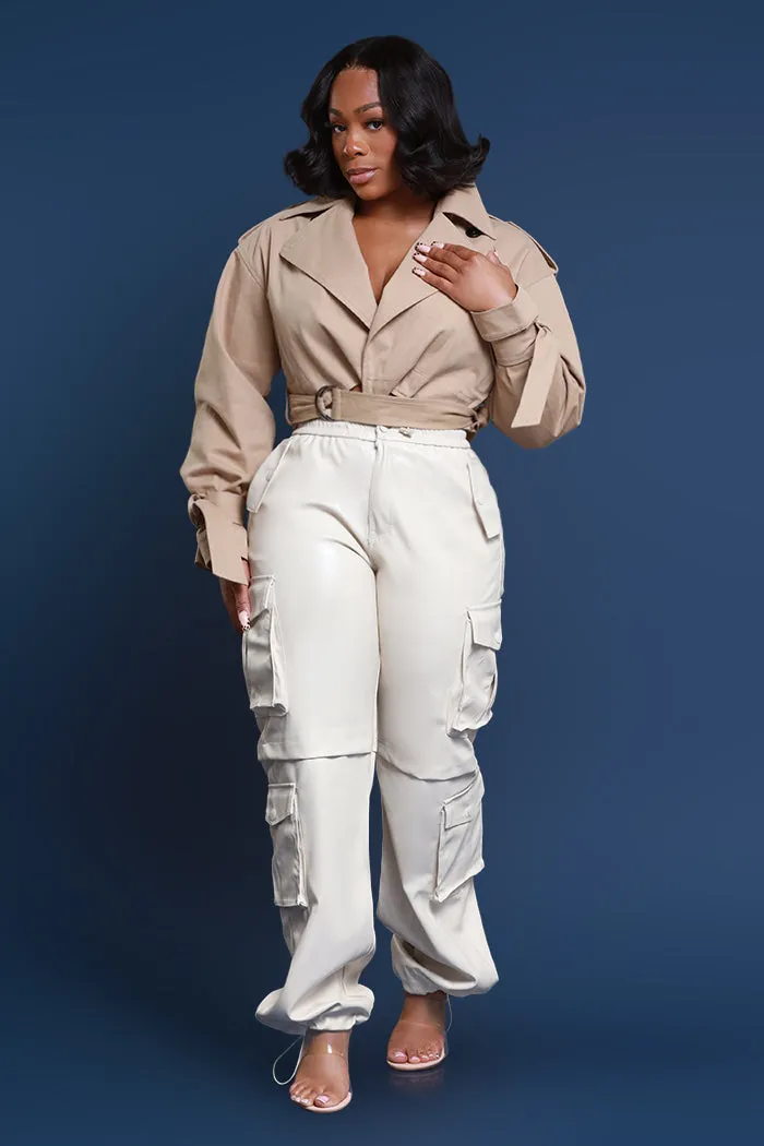 Get A Grip Faux Leather Cargo Pants - Cream