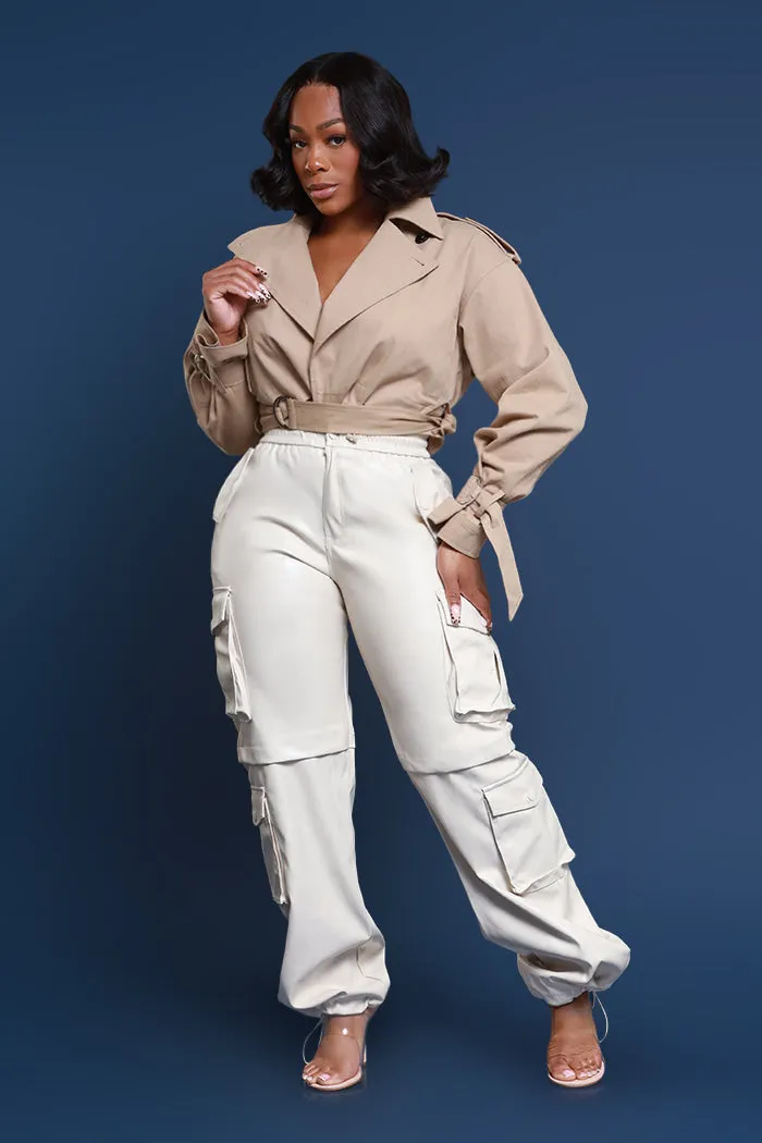 Get A Grip Faux Leather Cargo Pants - Cream