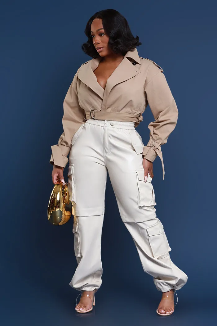 Get A Grip Faux Leather Cargo Pants - Cream