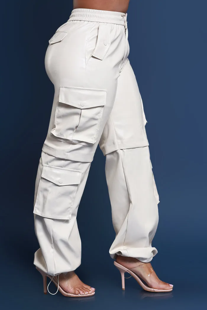 Get A Grip Faux Leather Cargo Pants - Cream