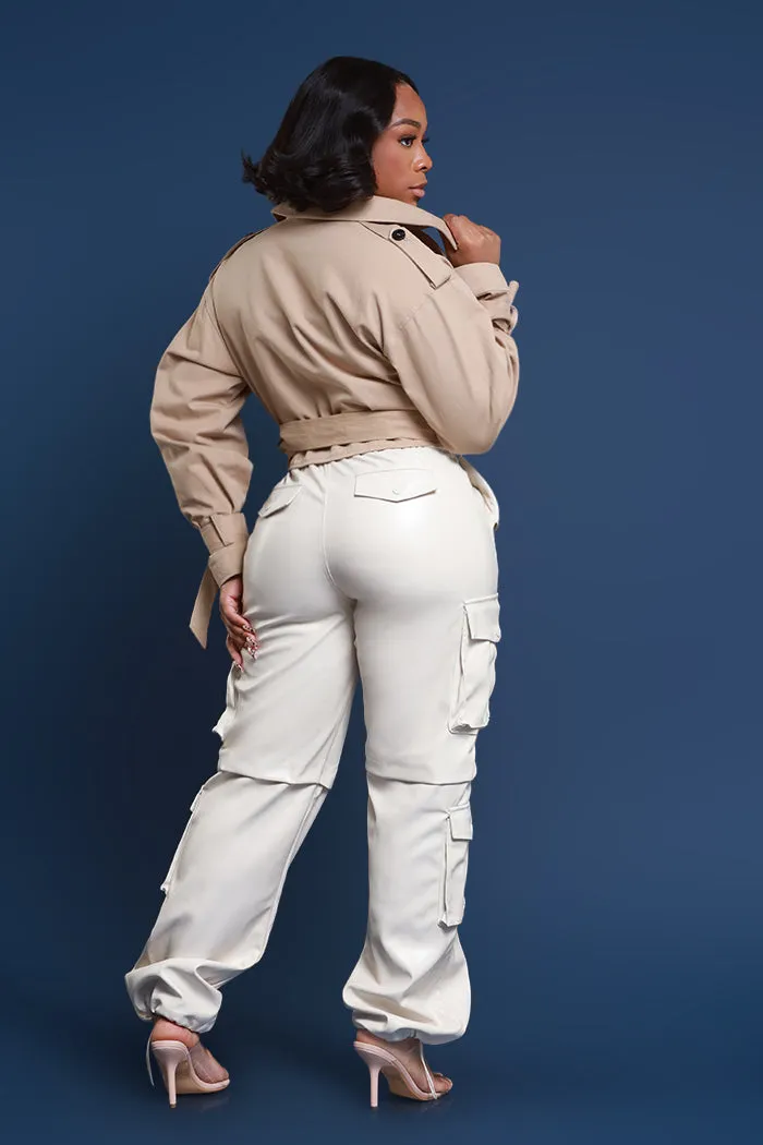 Get A Grip Faux Leather Cargo Pants - Cream