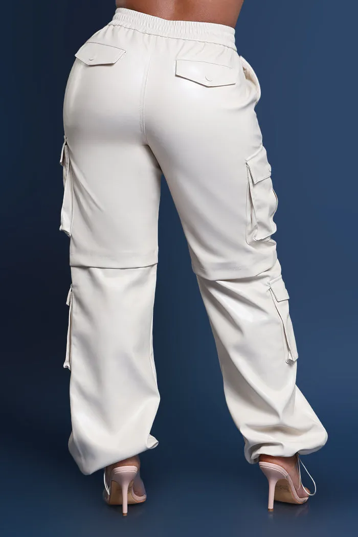 Get A Grip Faux Leather Cargo Pants - Cream