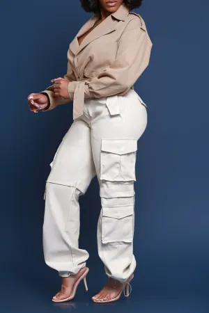 Get A Grip Faux Leather Cargo Pants - Cream