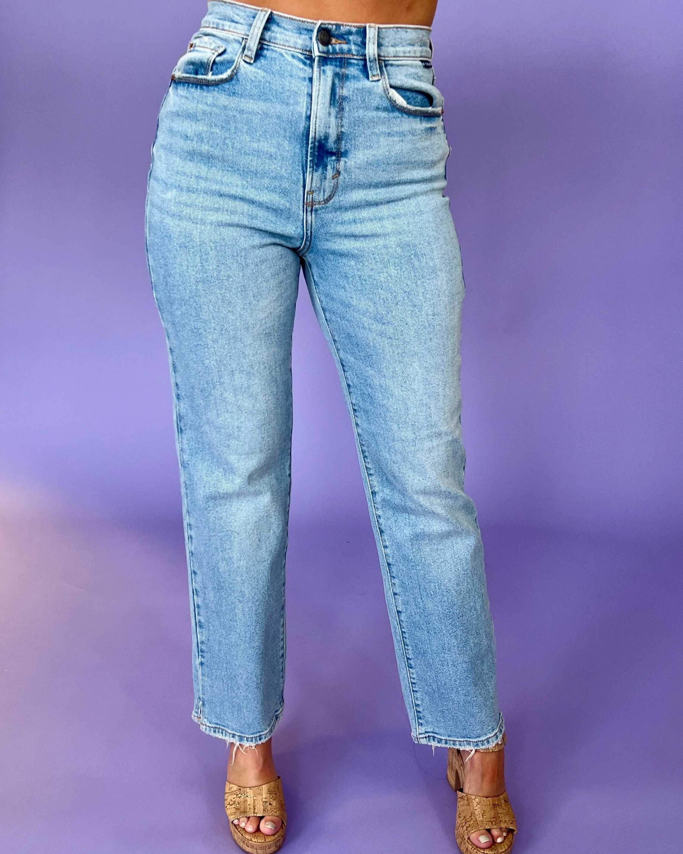 Keeping With It Light Denim Super High Rise Mini Slit Dad Jeans