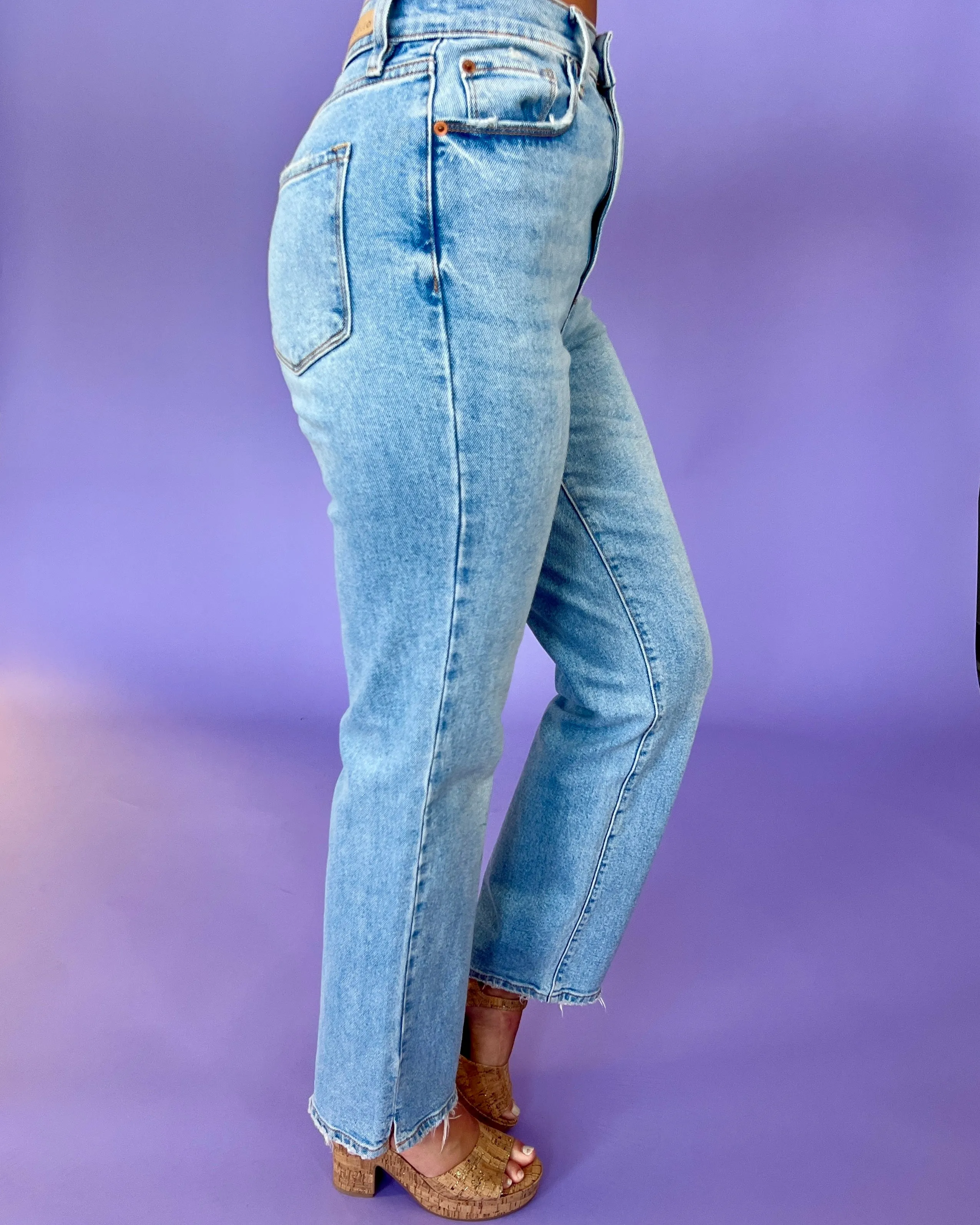 Keeping With It Light Denim Super High Rise Mini Slit Dad Jeans