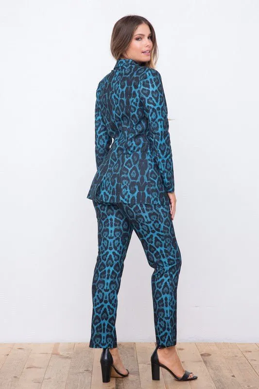 Leopard Print Full Sleeve Blazers Pants Suit