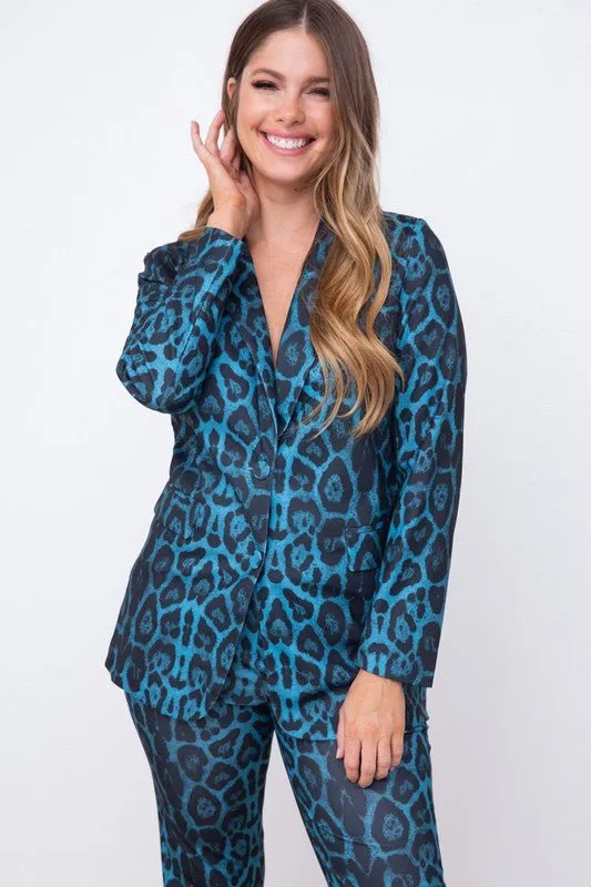 Leopard Print Full Sleeve Blazers Pants Suit