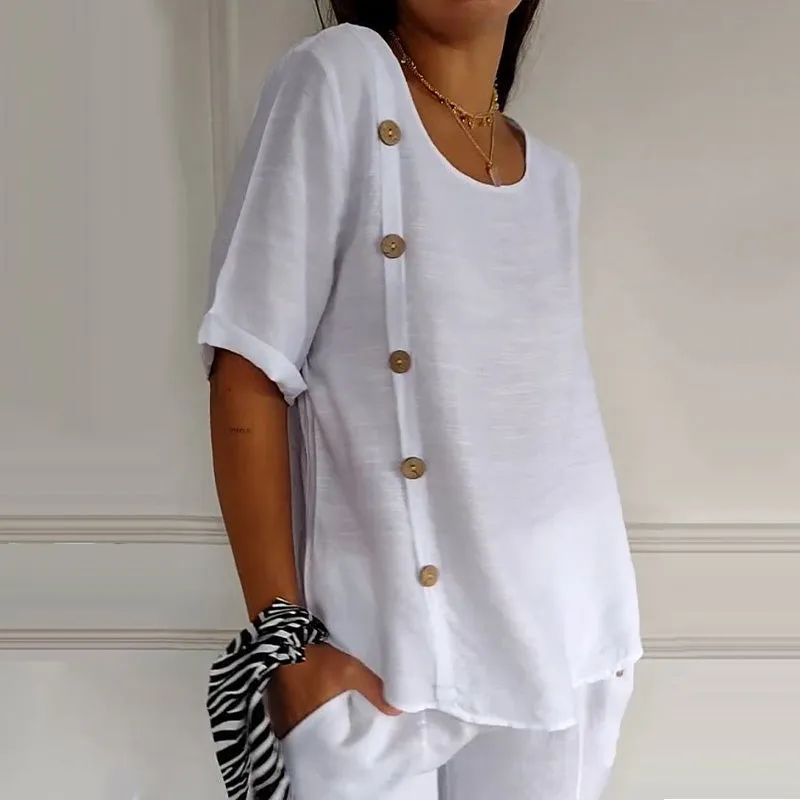 Seraphine  Buttoned Styled Round-Neck Blouse