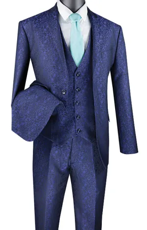 Slim Fit 3 Piece Suit Navy Floral Pattern Matching Vest and Pants