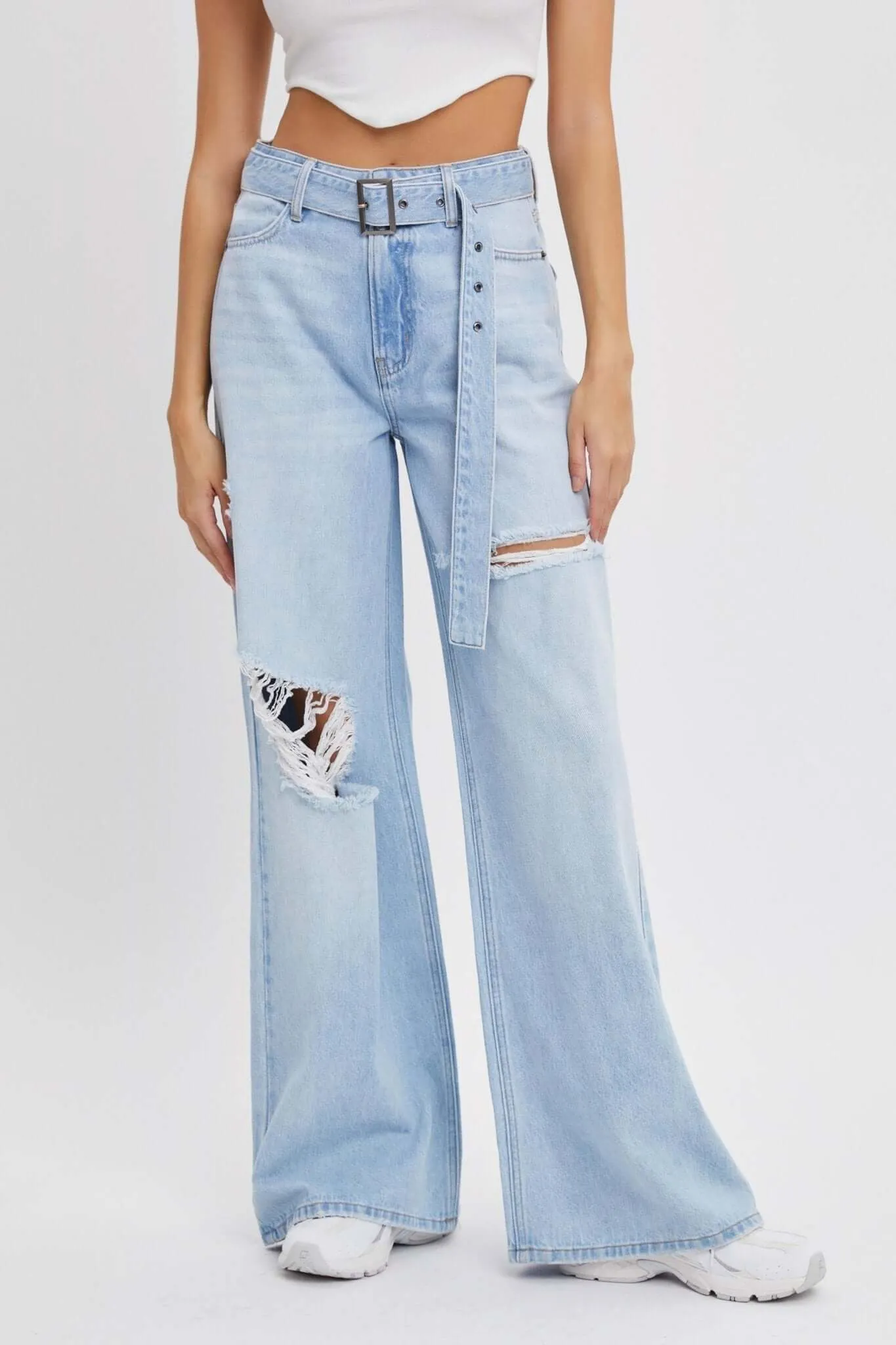 The Jenna Jeans- High Rise Wide Leg Belted Light Wash Jeans