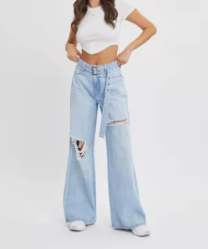 The Jenna Jeans- High Rise Wide Leg Belted Light Wash Jeans